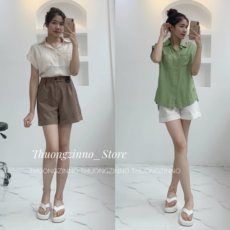 [Ảnh thật/Video]Áo sơ mi sát nách hai túi trước nhiều màu chất lụa hàn sang chảnh Áo sơ mi Quảng Châu