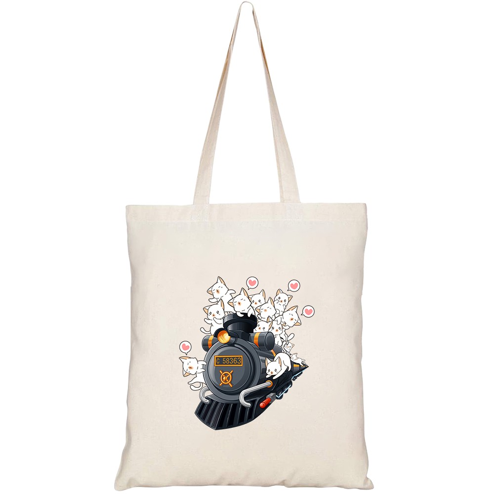 Túi vải tote canvas HTFashion in hình kawaii cats locomotive cartoon style HT141