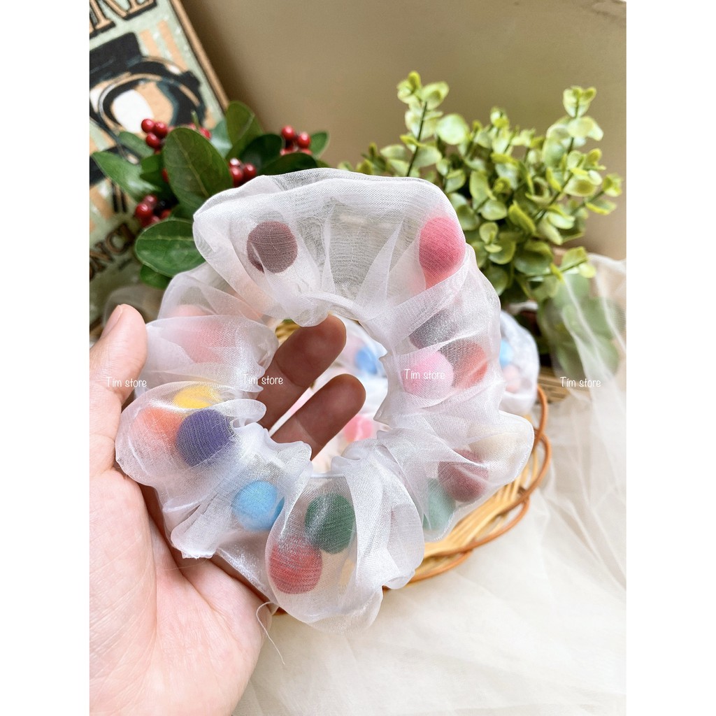 [4MOMS-Ảnh thật] SCRUNCHIES POMPOM NHIỀU MÀU - CỘT TÓC VẢI GIÁ RẺ