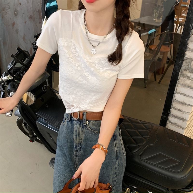 Áo thun IELGY tay ngắn cổ tròn phối lớp ngoài phong cách độc đáo dành cho nữ