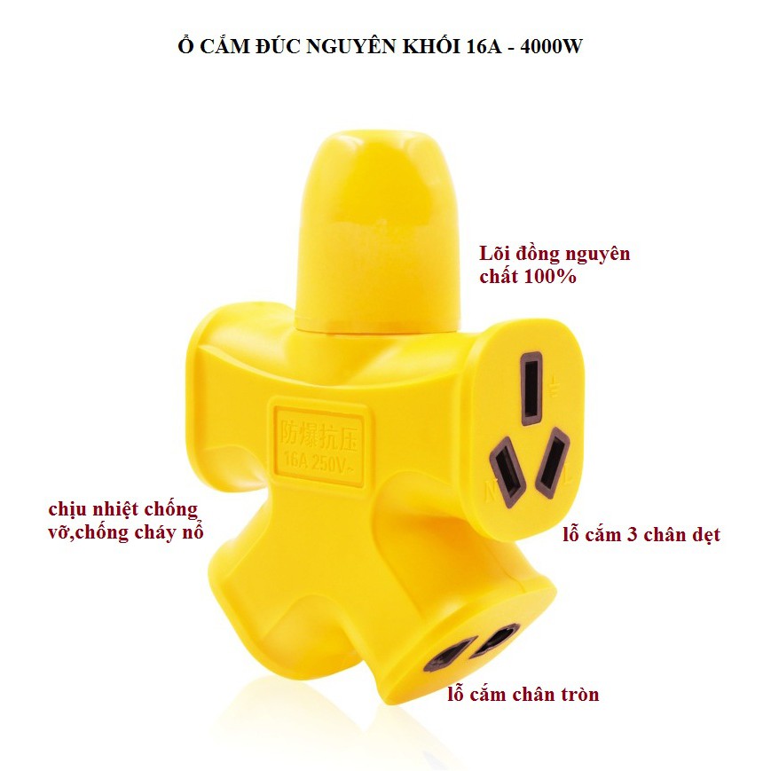 ổ cắm điện đúc nguyên khối 16A 4000W Chân đồng, Vỏ đúc chống cháy chống bể