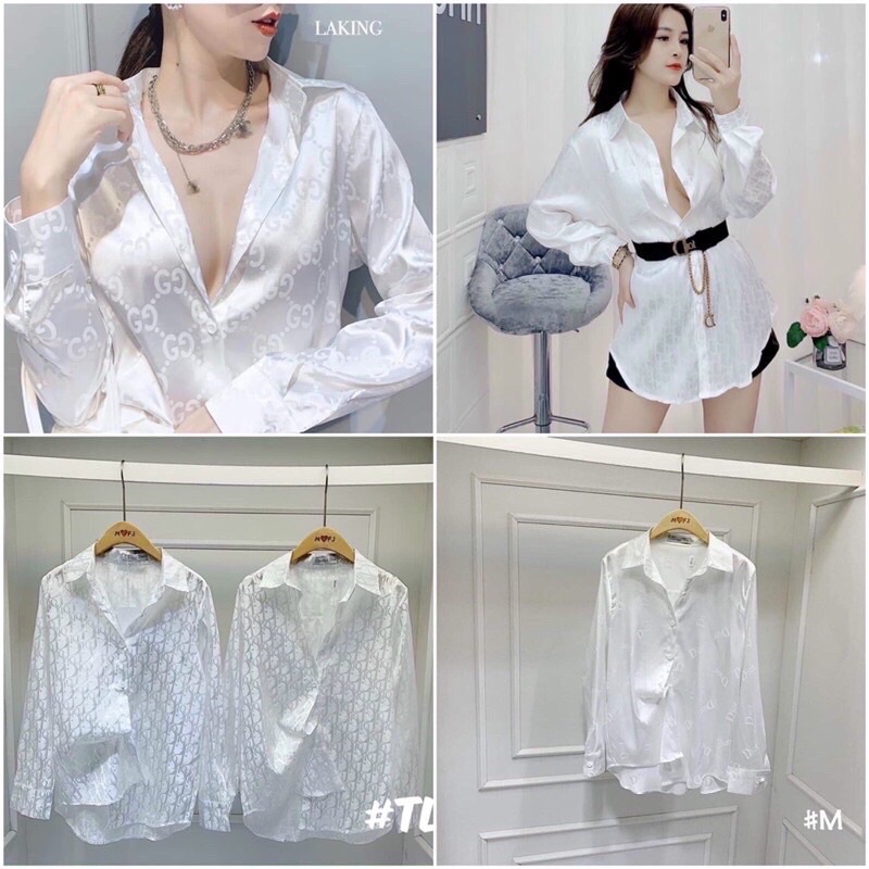 Áo sơ mi lụa gấm mềm hoạ tiết LV,2 túi trước siêu xinh- Áo sơ mi dài tay