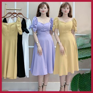 Đầm Nữ D ự Tiệc Thiết Kế Vải Đũi Phối Nút công sở dạo phố Cực Dễ Thương - VA93 - Hanlly Fashion Thời Trang Nữ