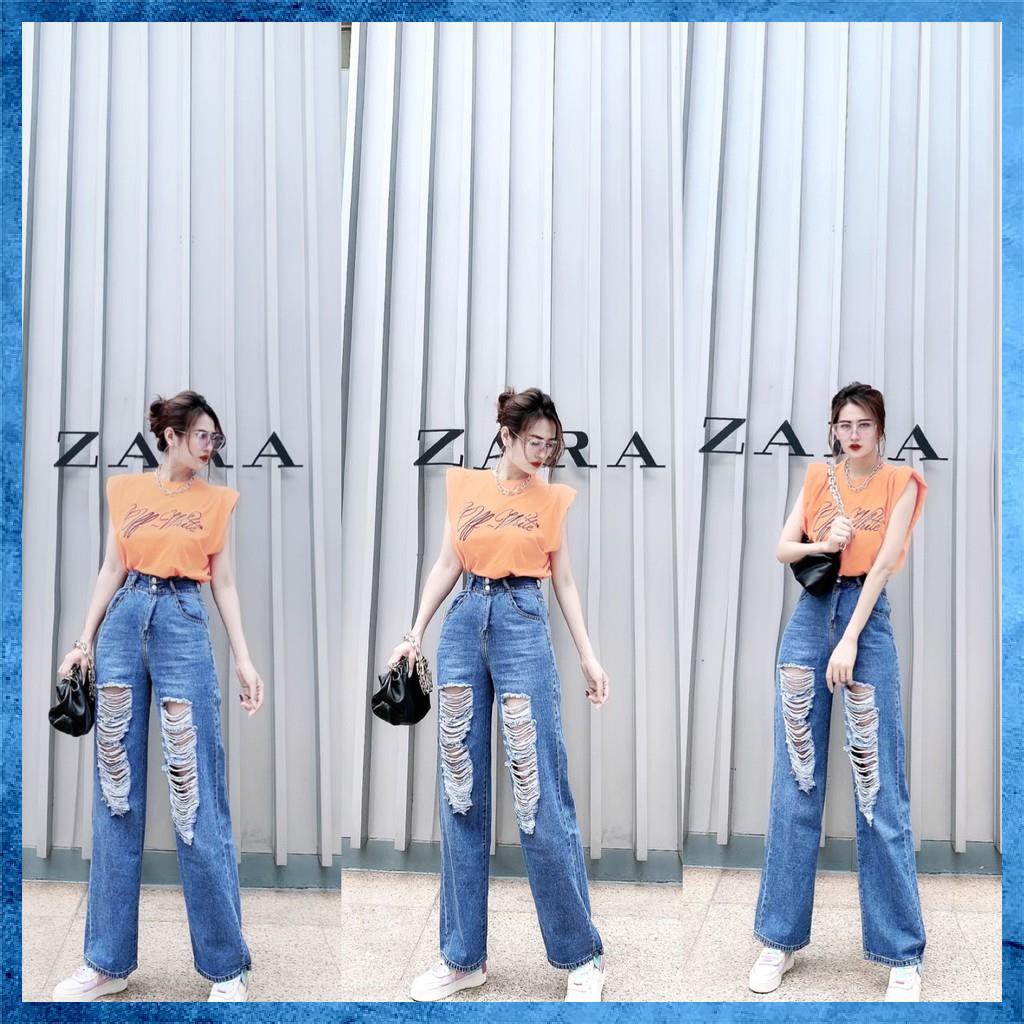 Quần jeans nữ, Quần bò dài rách dáng suông lưng cao túi chéo hot hit D3160