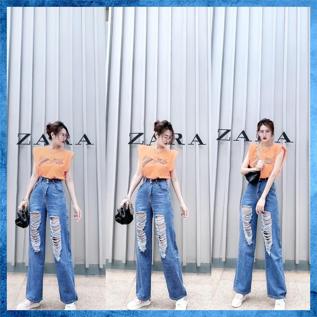 [Jeans nữ thiết kế] Quần bò dài rách dáng suông, quần jeans lưng cao túi chéo 2 khuy. Mã D3160