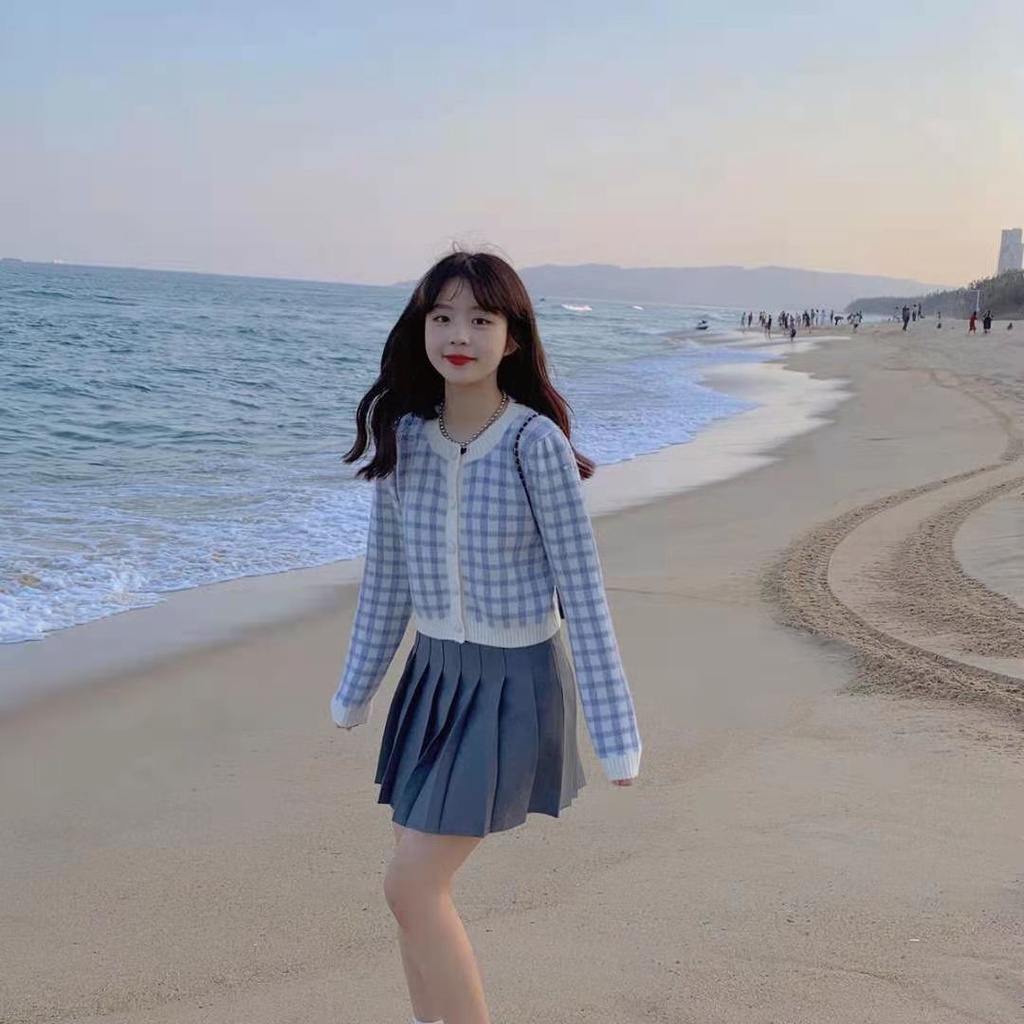Áo Khoác Cardigan Dệt Kim Dáng Rộng Họa Tiết Sọc Caro Phong Cách Retro Hàn Quốc Cho Nữ