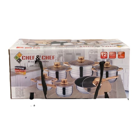 BỘ NỒI CHẢO ĐỨC 6 MÓN 12 CHI TIẾT CHEF&amp;CHEF VUNG KÍNH ĐÁY TỪ 5 LỚP