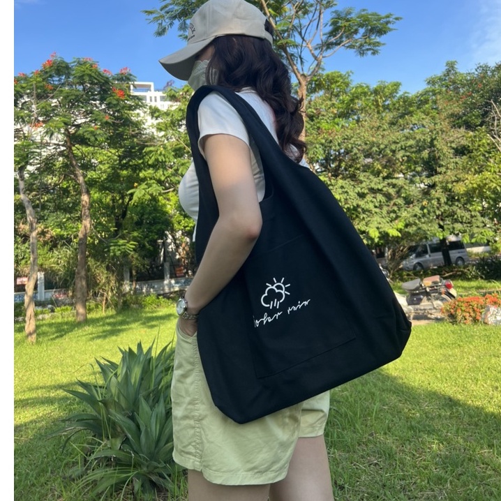 Túi tote HAZIN vải canvas ulzzang unisex in chữ có túi nhỏ bên ngoài đi học đi chơi