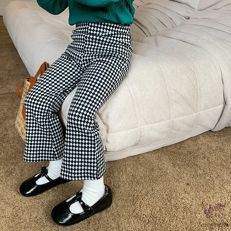 Quần Dài Ống Loe Họa Tiết Sọc Caro Phong Cách Retro Hàn Quốc Cho Bé Gái