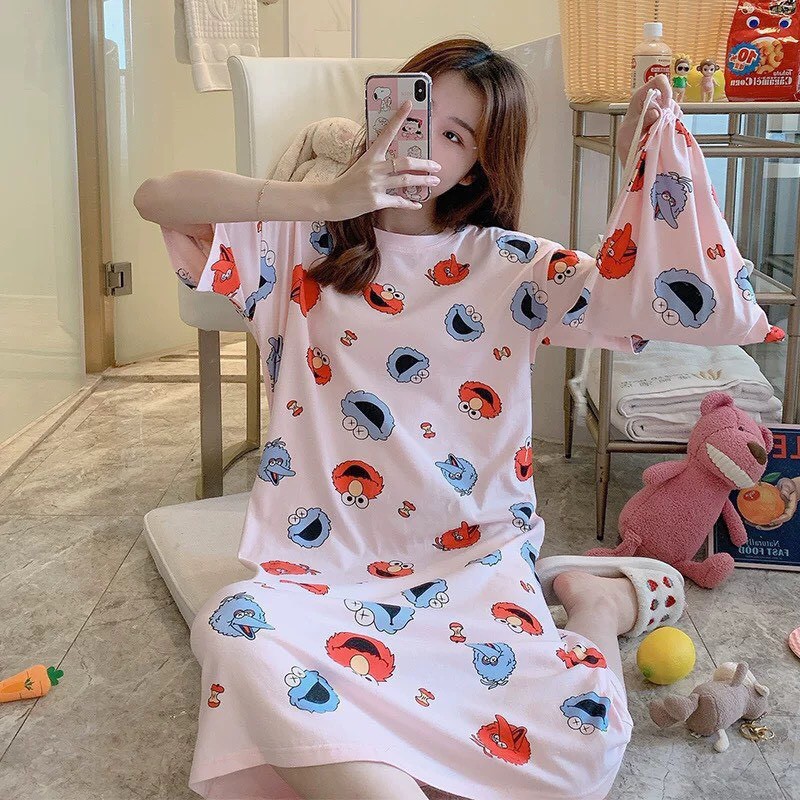 Đầm ngủ thun hoa tiết quảng châu, chất cotton form rộng thoáng mát