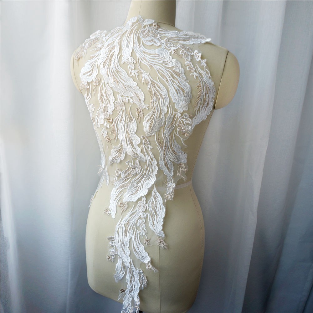 Vải Ren Thêu Hoa Đính Kim Sa Cỡ Lớn Màu Sâm Panh Dùng May Váy Cưới diy