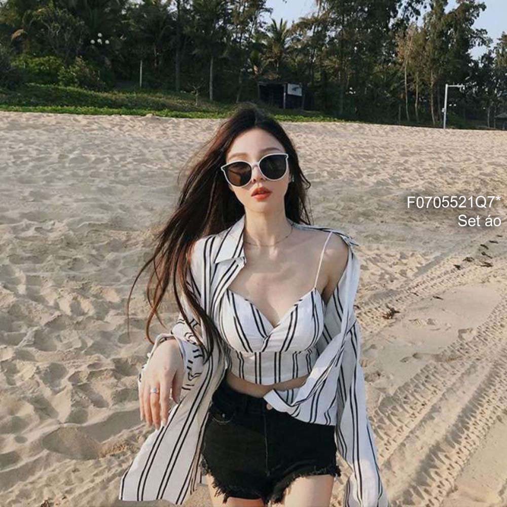 Set cặp áo kẻ sọc áo sơ mi form rộng tay dài phối áo croptop 2 dây có cúp!