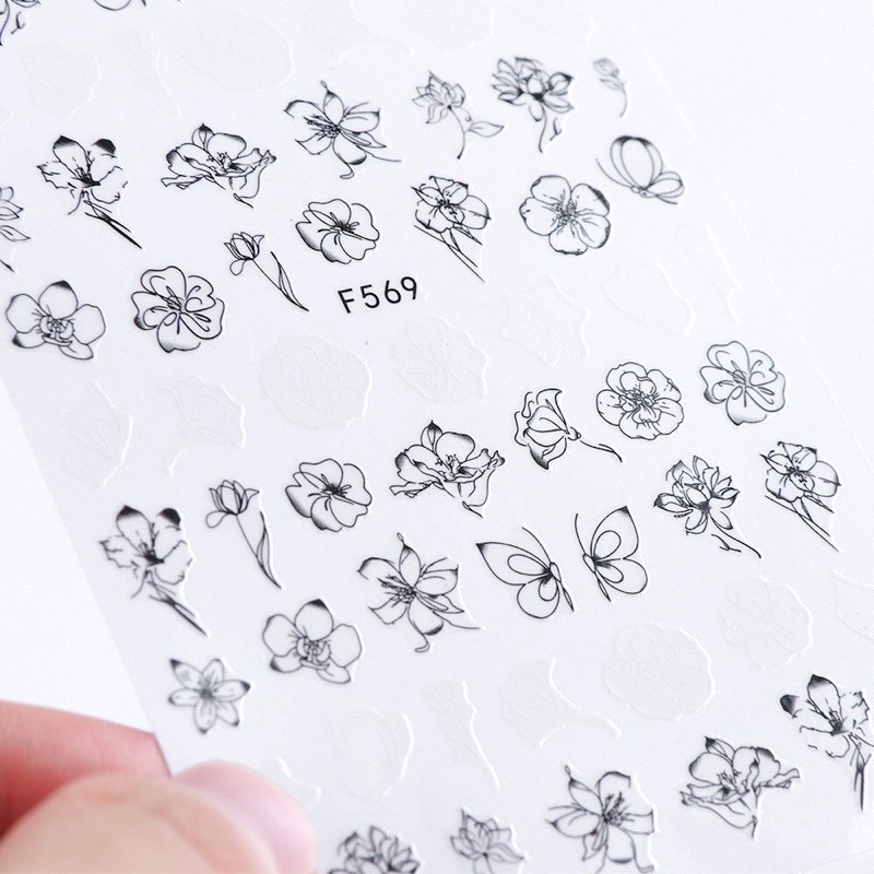 Sticker dán móng hoa lá trắng đen-hình dán nail