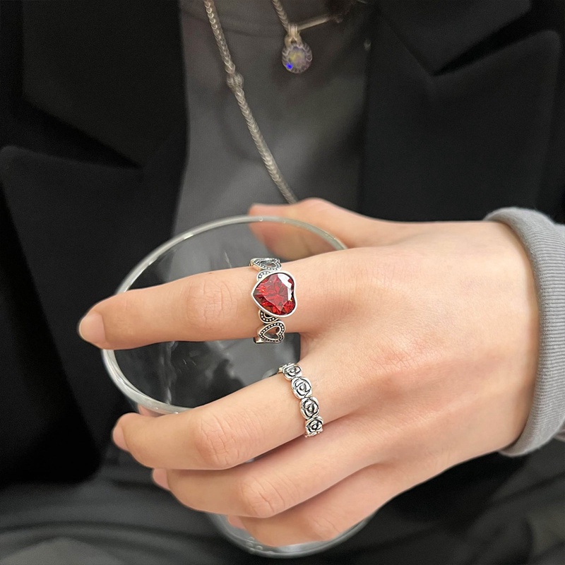 Nhẫn Bạc Thái Khắc Hình Hoa Hồng/Chim Bồ Câu Đính Đá Zircon Màu Đỏ Phong Cách Retro