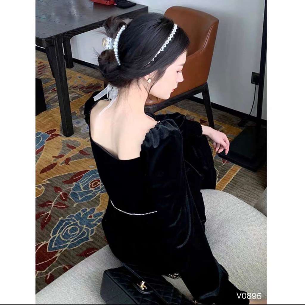 Đầm Cổ Vuông Dây Bling Tay Phồng LSEOUL V0895 Chất Dày Dặn Sang Trọng Kiêu Sa