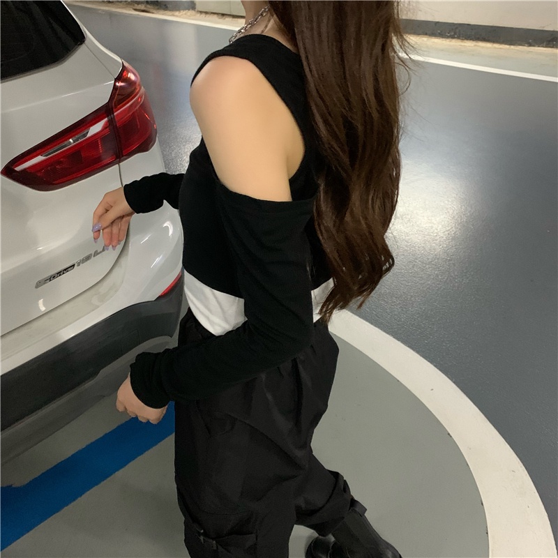 【ZHELIHANGFEI】Áo Thun Tay Dài Giả Hai Lớp Dáng Ôm Hở Eo Phong Cách Quyến Rũ