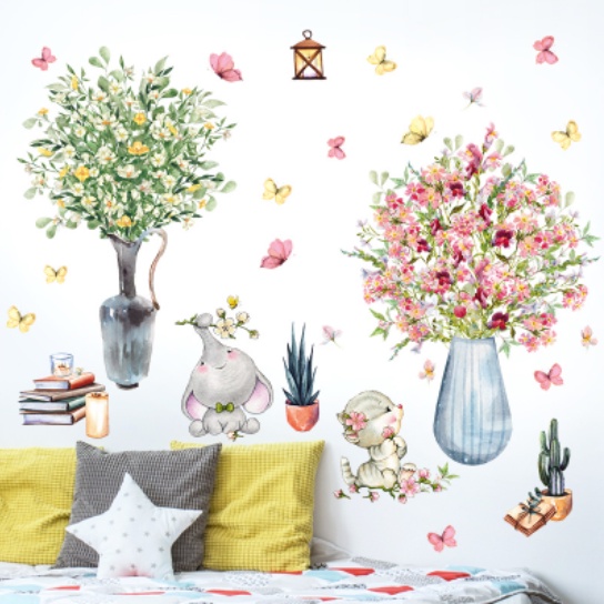 Decal trang trí tường - Bình hoa nở rộ cùng đàn bướm xinh