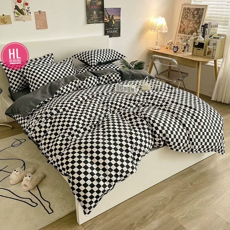 Bộ chăn ga Cotton Poly HL bedding chăn ga Hàn Quốc Bàn cờ vua caro ô vuông đen trắng nhỏ đủ size miễn phí bo chun