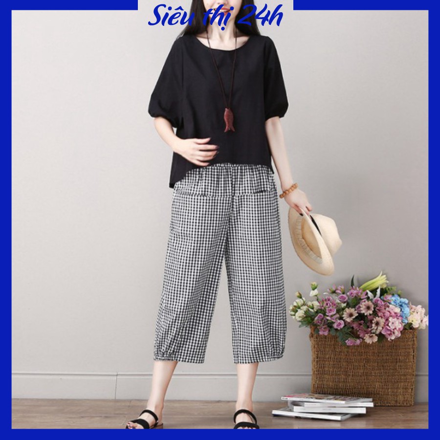 Set đồ bộ đũi nữ Siêu thị 24 giờ, thời trang nữ mặc nhà áo tay lỡ, quần kẻ caro ống suông ĐBH.01