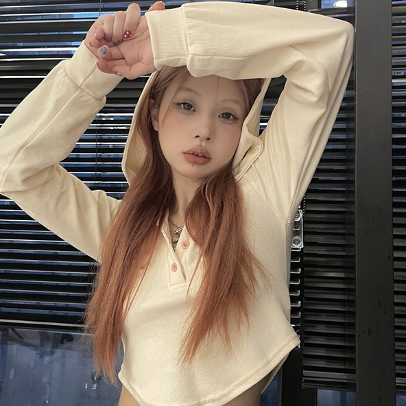 Áo Hoodie Ngắn Mỏng Tay Dài Thiết Kế Không Đều Phong Cách retro Mỹ Mùa Thu Dành Cho Bạn Nữ