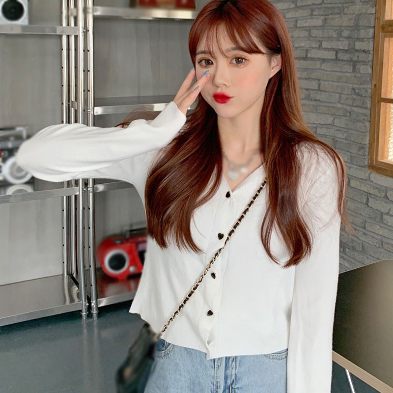 Áo sweater tay dài màu trơn phối nút thời trang cho nữ