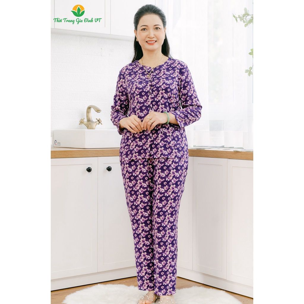 Bộ lanh trung niên quần dài áo dài tay khuy trước họa tiết B10.2106 - Thời trang gia đình VT