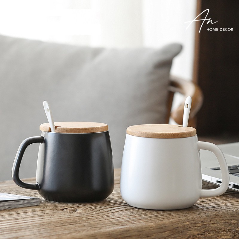 Cốc gốm sứ cafe cà phê uống nước nắp tre thìa sứ 350ml | BigBuy360 - bigbuy360.vn