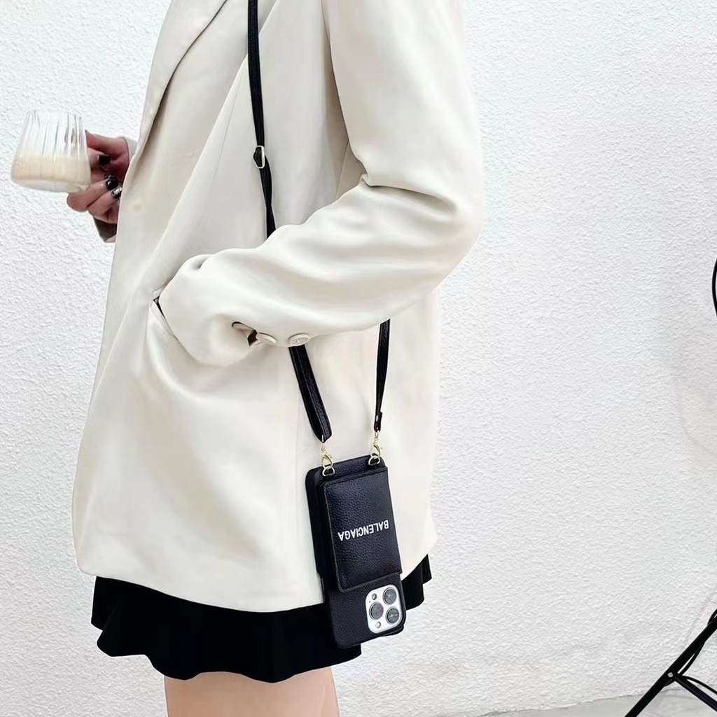 Ốp Điện Thoại Da Kèm Ngăn Đựng Thẻ & Dây Đeo Cho iphone14 13pro 12 11 pro max mini ix xr xsmax se 2020 7 8 plus 15promax