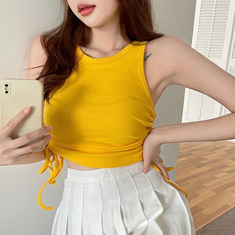 Áo Croptop Sát Nách Màu Trơn Phối Dây Rút Phong Cách Hàn Quốc