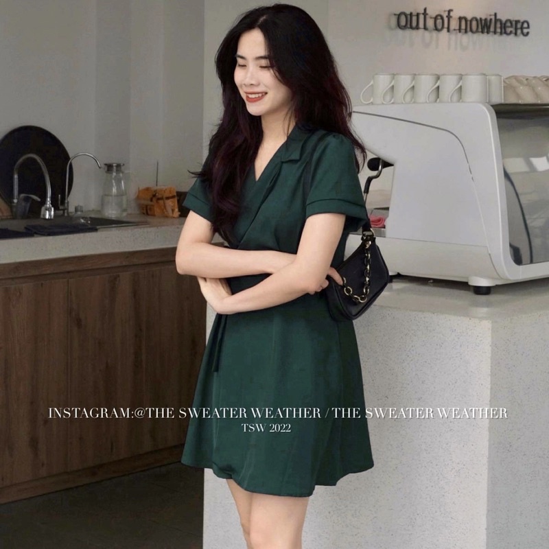 Váy nữ váy cổ vest thắt eo, đầm sơ mi cổ vest buộc nơ eo dáng xòe hai màu xanh đen chất vải trơn mượt Ngoth Store