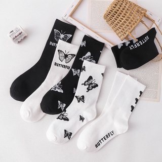 Tất Chân Cotton Thể Thao Họa Tiết Bướm Trắng Đen Thời Trang