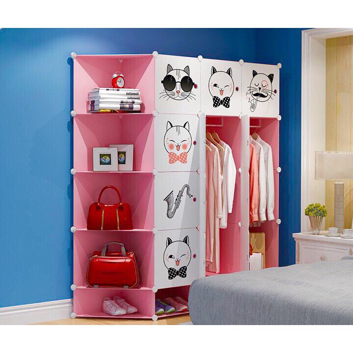 Tủ nhựa 12 ô cửa trắng hình mèo, 5 kệ góc và 3 ô giầy, màu trắng - đen vân - màu hồng