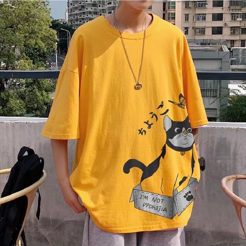 Áo Thun Nam Tay Ngắn Dáng Rộng In Hình Mèo Hoạt Hình Phong Cách Hip Hop Thời Trang Mùa Hè Mới size M-8XL