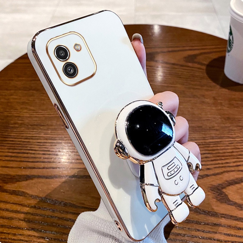 ốp lưng Giá đỡ phi hành gia mạ vàng sang trọng Giá đỡ tích hợp Vỏ mềm Tương thích với Cho SAMSUNG A03coro A01 A02 A02S A03 A03S A04 A04E A7 (2018) A23 Ốp silicon TPU màu trơn đơn giản case