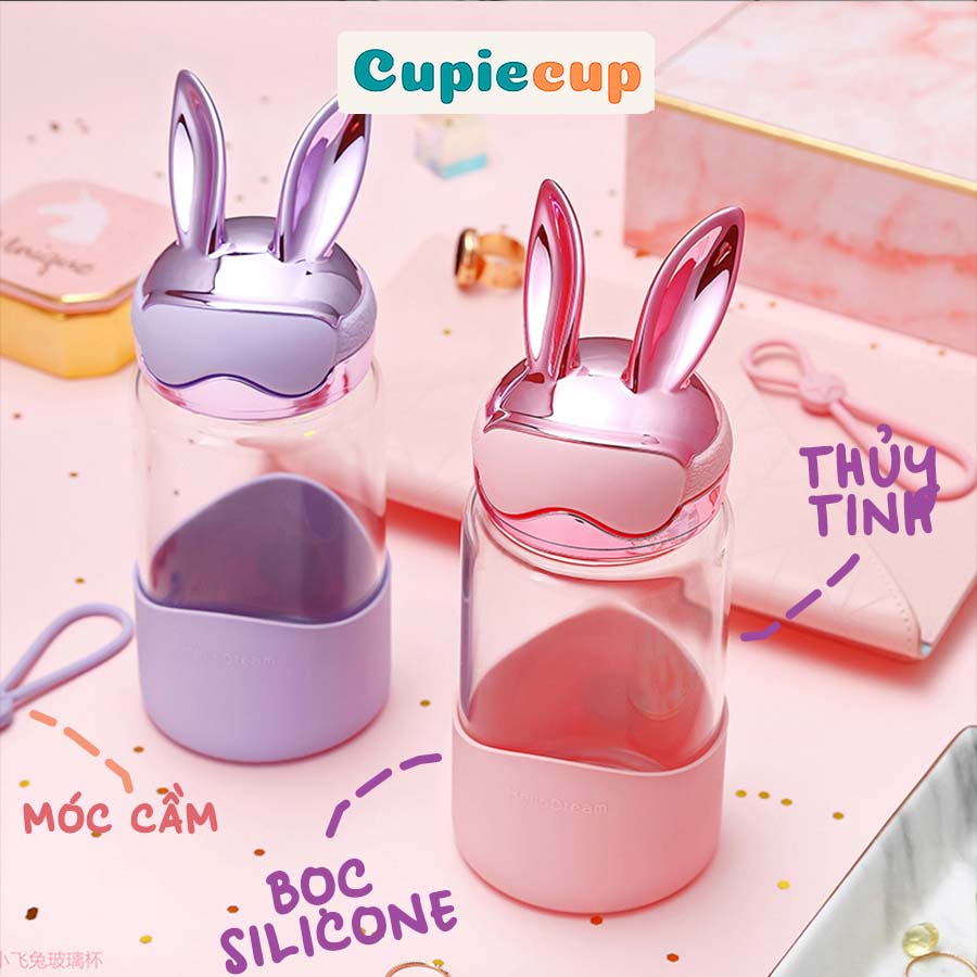 [XẢ HÀNG] Bình Nước Thủy Tinh Bọc Silicone Tai Thỏ Có Quai Cầm An Toàn Cho Bé, Người Lớn H6042