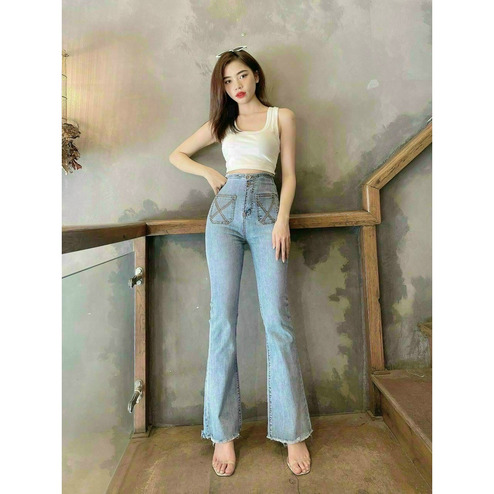 Quần jean lưng cao ống loe có túi chéo nhẹ form hàn R.I.U STORE