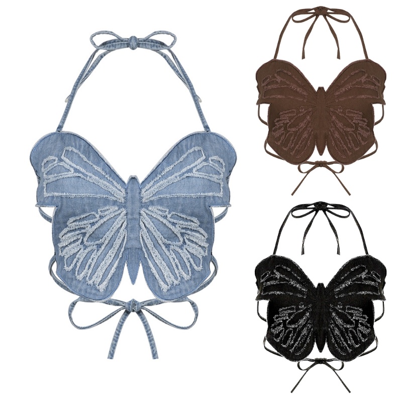 Áo Croptop Denim Không Tay Cổ Chữ V Hở Lưng Họa Tiết Bướm Gợi Cảm Cho Nữ