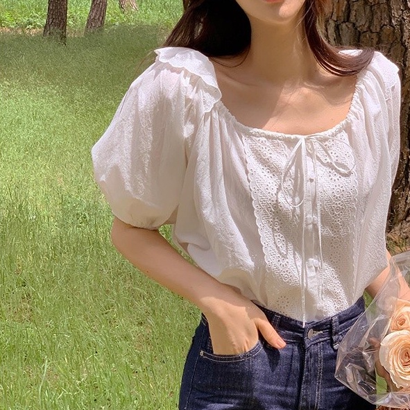 Áo kiểu SUXI tay ngắn cổ tròn dáng rộng phong cách Hàn Quốc thời trang mùa hè ngọt ngào xinh xắn cho nữ