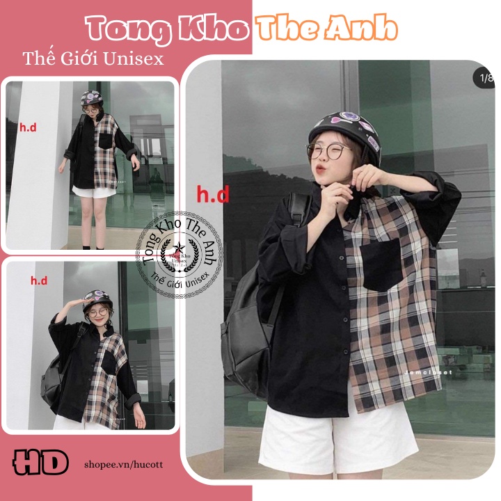 Áo sơ mi form rộng - Phối kẻ caro Unisex, Áo smi Tay lỡ có cổ trẻ trung năng động
