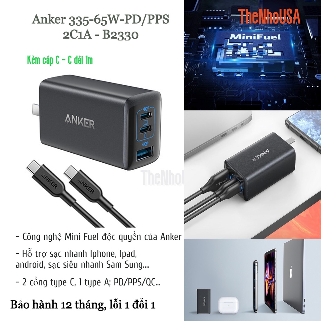 Củ sạc nhanh Anker PowerPort 335 3-Port 65W - B2330 - 2C1A- PD/PPS/QC [BH 12T]