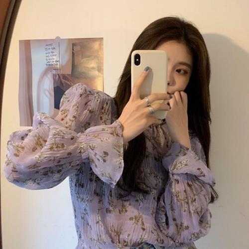 Áo sơ mi chiffon mỏng tay dài dáng rộng in hoa tím kiểu Hàn Quốc thời trang xuân thu 2020
