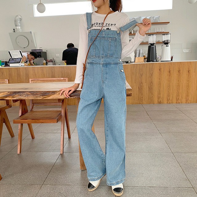 [Có sẵn S - XXL] Quần yếm jeans ống rộng dài phủ chân