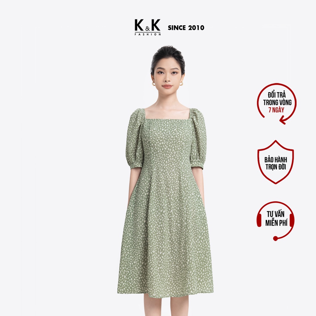 Đầm Xòe Họa Tiết Lưng Cut Out K&K Fashion HL20-33 Màu Xanh Chất Vải Garolan Xớ Cát