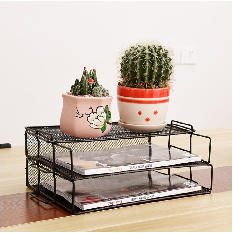 Dụng cụ văn phòng, giá để tài liệu đa năng XẾP TẦNG dạng đan lưới kim loại bền đẹp - MÀU ĐEN