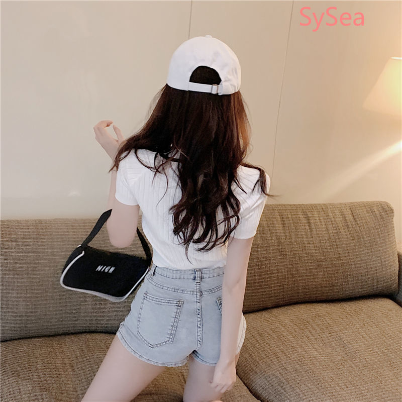 Áo tay ngắn cổ chữ V phối khóa kéo thời trang mùa hè dành cho phái nữ