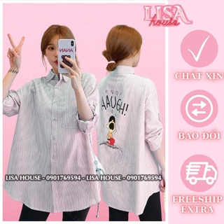 Áo sơ mi nữ sọc đen in hình form rộng tay dài