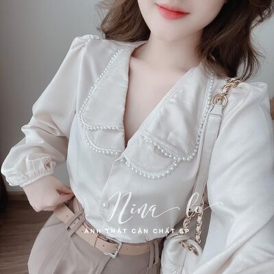 Áo sơ mi lụa cổ sen 2 lá đính viền dây ngọc tiểu thư