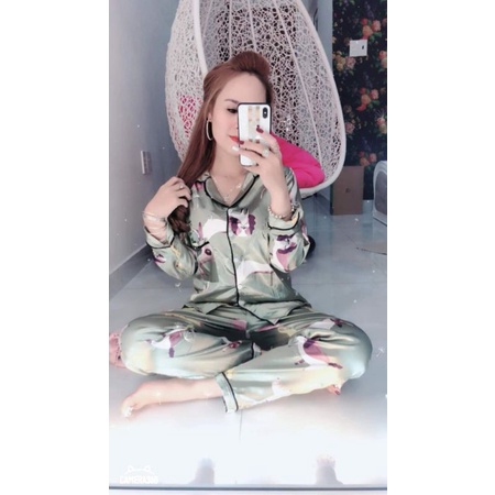 Đồ bộ Lụa satin viền tay dài quần dài