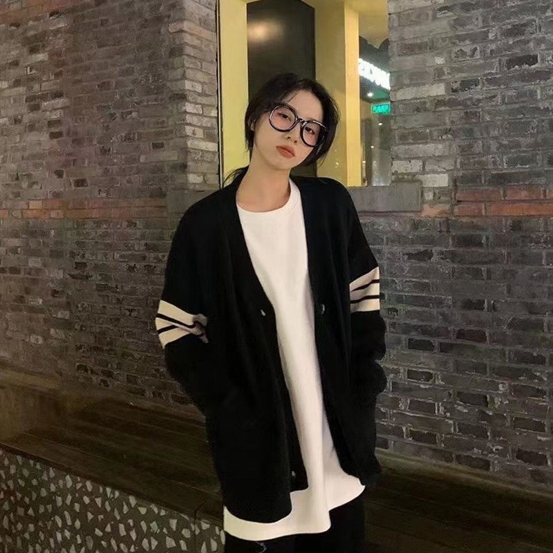 Áo khoác cardigan dệt kim tay dài màu đen thiết kế thanh lịch cho nữ