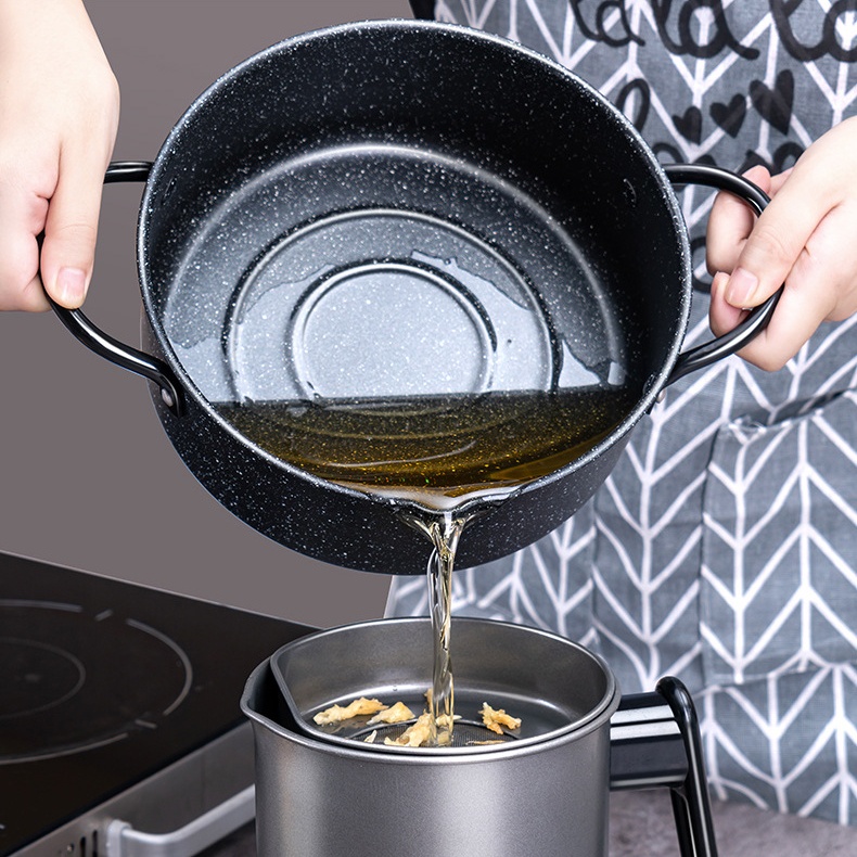Nồi chiên chống dính sâu lòng kiểu Nhật Bản size 20cm vân đá kèm vỉ lọc để ráo dầu inox
